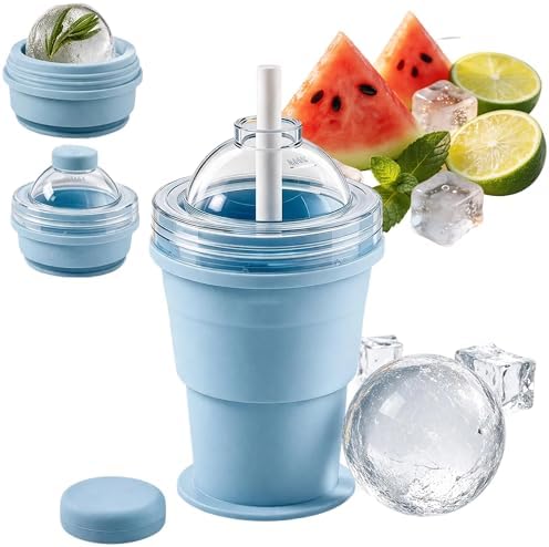 Collapsible Ice Ball Maker Cup, 2-in-1 Silicone Folding Ice Cube Cup Tray Portable Leakproof Travel Tumbler with Lid & Straw, Reusable Sphere Mold for Whiskey, Bourbon, Coffee, Summer Drinks