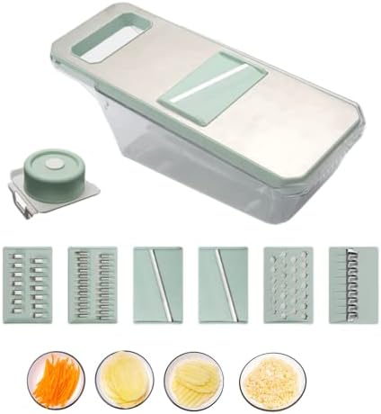 Multipurpose Vegetable Chopper with 6 Adjustable Stainless Steel Onion Blades, Cheese Chopper Grater, Manual Food Slicer with Drain Box and Blade Storage Box