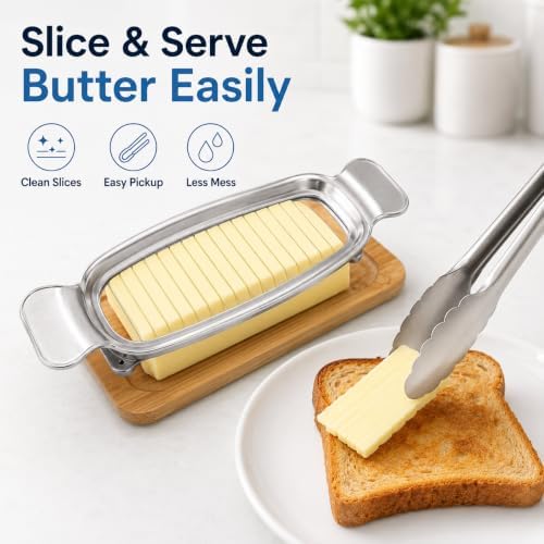Butter Slicer Cutter with Serving Tongs, 304 Stainless Steel Butter and Cheese Cutter Wire Slicer Kitchen Gadget for Block Butter, Soft Cheese, Toast, Pancakes, Breakfast, Baking and Serving