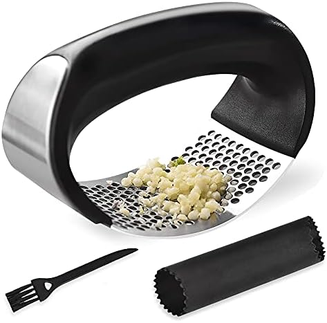 Cuisinly Garlic Press - Stainless Steel Rocker Chopper & Crusher - Free Silicone Garlic Peeler & Cleaning Brush