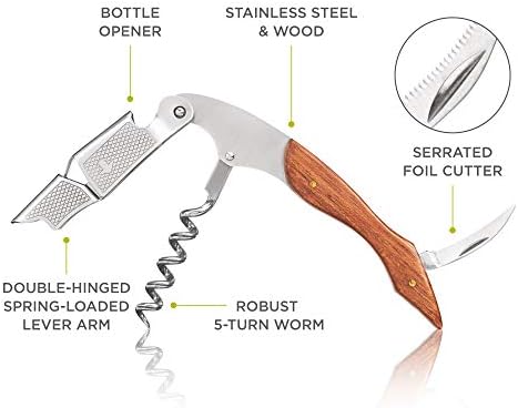 True Sommelier Waiters Corkscrew Wine Opener with Built-in Bottle Opener and Sharp Foil Cutter, Stainless Steel with Wood Handle for Travel, Home Bar, Kitchen, Gifts for Wine Lovers, Set of 1
