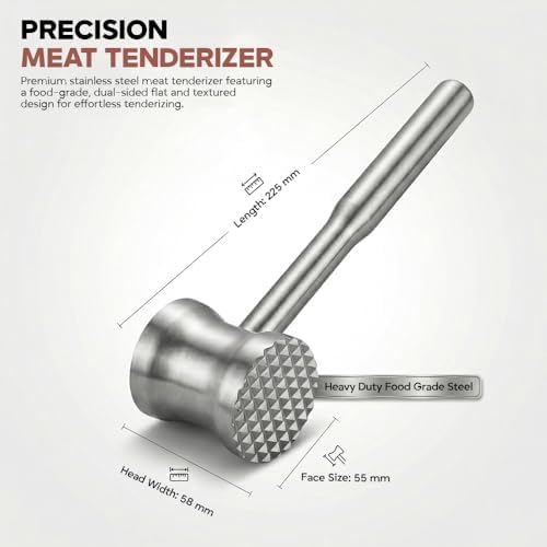 304 Stainless Steel Tenderizer Mallet Dual-Sided Hammer, Heavy Duty Pounder Tool for Steak, Beef & Chicken Cutlets, Textured Grip Kitchen Mallet, Dishwasher Safe Beater for Cooking