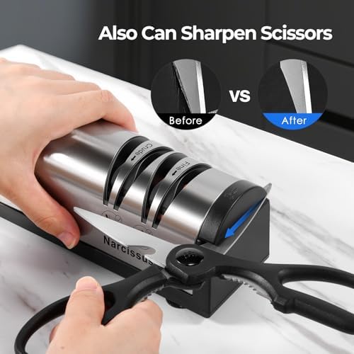 Narcissus Knife Sharpener, Professional 2 Stage Electric Knife Sharpener for Quick Sharpening & Polishing, with Scissors Sharpener and Metal Dust Collection Box, Stainless Steel, Silver