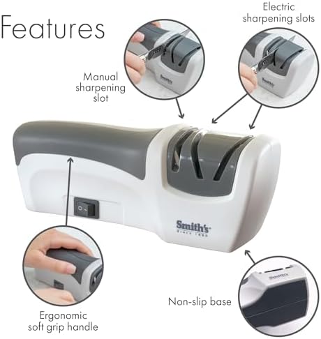 Smith’s 50097 Compact Electric Knife Sharpener | White & Grey | Kitchen Knife 2 Stage Sharpener | Electric & Manual | Blade Guide | Quick Sharpening & Polishing | Straight Edge Blades | Handheld