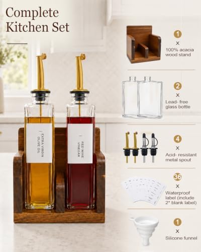 Glass Oil and Vinegar Dispenser Set with Acacia Wood Stand, 2 Pack 12 oz