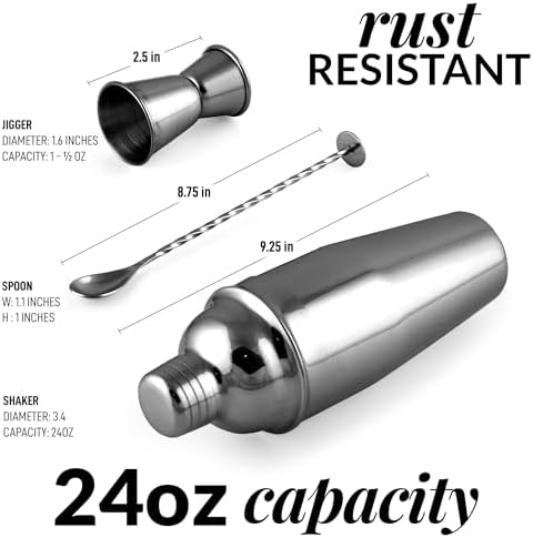 Large 24 oz Stainless Steel Cocktail Shaker Set - Mixed Drink Shaker - Martini Shaker Set with Built in Strainer, Double Sided Jigger & Combo Muddler Mixing Spoon - Pro Margarita Shaker - By Zulay