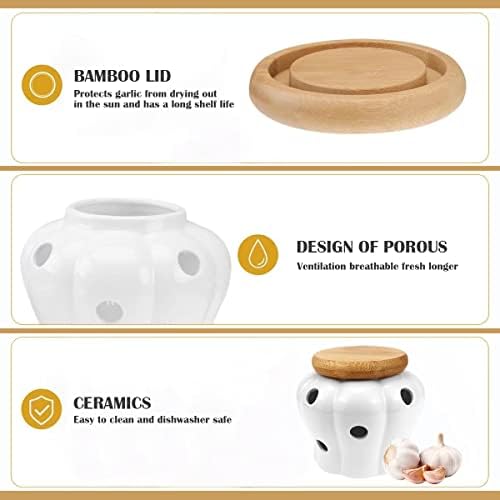 DOERDO White Ceramic Garlic Keeper Jar Container for Food Storage with Lid, Garlic and Ginger Storage Container, 5.1" x 4.3"