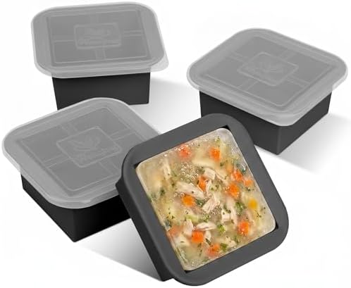 Silicone Freezer Tray with Lid 4 Pack Silicone Freezer Molds Ice Cube Tray Makes 4 Perfect 2 Cup Portions Soup Cubes Meal Prep Containers- Oven & Dishwasher Safe