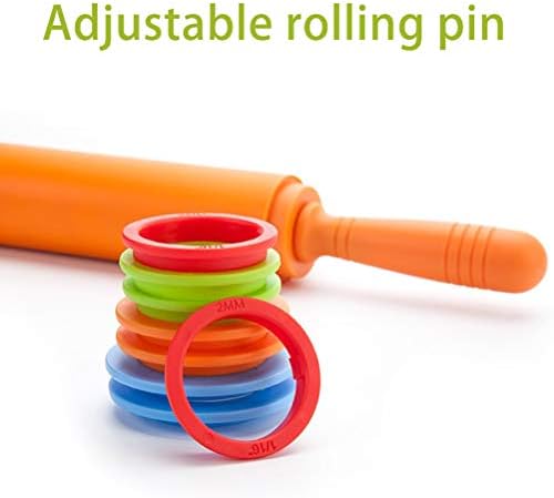 Adjustable Rolling Pin with Thickness Rings for Baking Cookie Chapati Fondant Dough Pastry Pizza Pie Crust Silicone Roller Pin 17.7 Inches with 4 Thickness Rings (Orange)