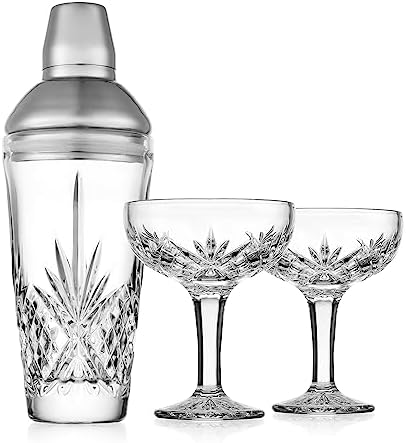 Godinger Cocktail Shaker and Cocktail Glasses Bar Set, Martini Shaker and 2 Martini Glasses Set - Dublin Collection