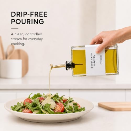 Oil and Vinegar Dispenser Set — 4 Glass Bottles with Open Bookshelf Acacia Wood Tray | 4 Pour Spouts, Silicone Funnel & Labels | Countertop Olive Oil Organizer for Kitchen (4, Clear, 12, ounces)