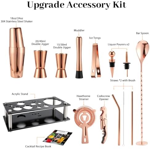 Boston Cocktail Shaker Set, 18 oz & 28 oz 2-Piece Tins, 304 Bartender Kit 15-Piece Bar Tool Set with Acrylic Stand & Recipe Book, for Novices & Pros, Home and Bar Use (Rosegold)