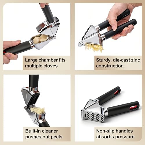 3WAVES Heavy Duty Garlic Press | Built-In Peel Cleaner | Large Chamber fits Multiple Cloves | Easy Squeeze Ergonomic handle | Food-Grade & Independently Tested | Rust Proof Die Cast Zinc Alloy