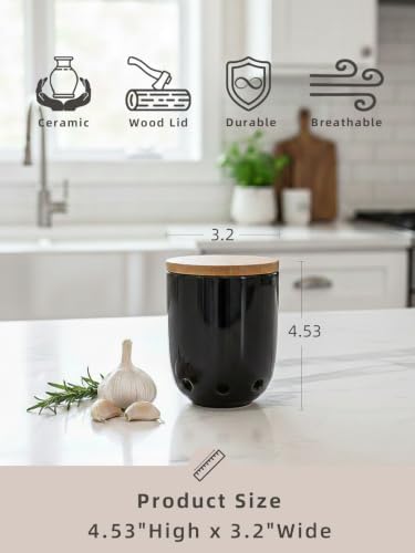 LEETOYI Ceramic Garlic Keeper for Counter, Garlic Holder with Wood Lid (Black)