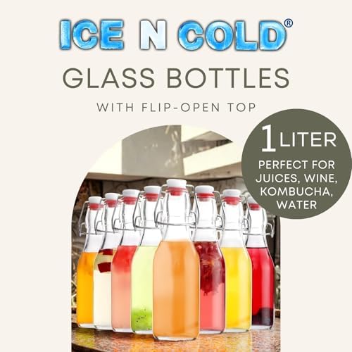 ICE N COLD Glass Swing Top Bottles | Flip Top Glass Bottles for Limoncello, Syrups, Oils, Vinegar, Extracts & Beverages | Airtight Reusable Glass Bottles (6-Pack, LARGE (1L | 34oz))