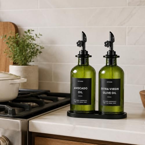 Olive Oil Dispenser for Kitchen, 2-Pack 12oz Glass Bottle with Black Labels