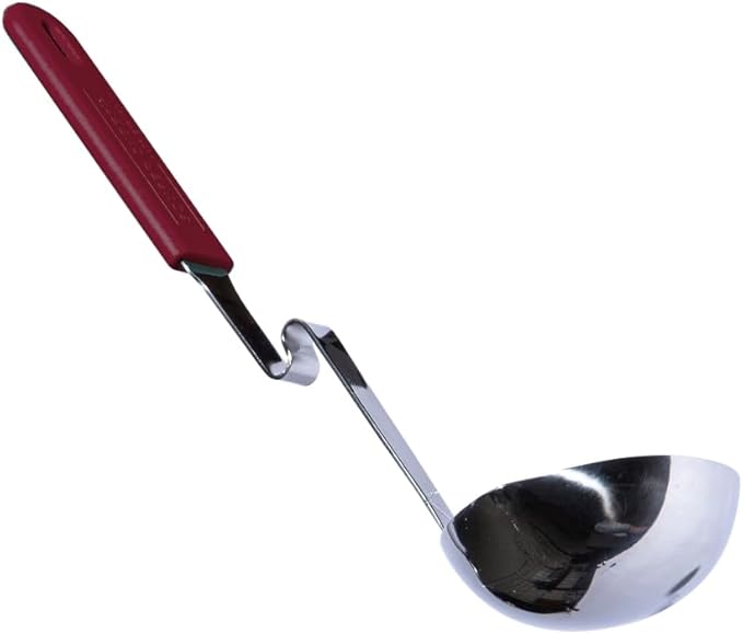 Souper Cubes + Lori Greiner No Mess Stainless Steel Soup Ladle with Silicone Handle - Metal Soup Ladle with No Mess Design That Hooks on Side of Any Pot - Cranberry