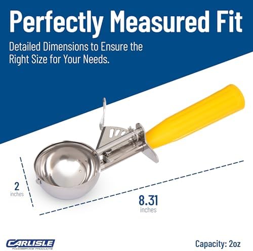 Carlisle FoodService Products Disher Scoop with Yellow Handle – 2 oz Portion Scoop Stainless Steel Scoopers for Food, Use for Restaurants and Catering, One-Piece Design