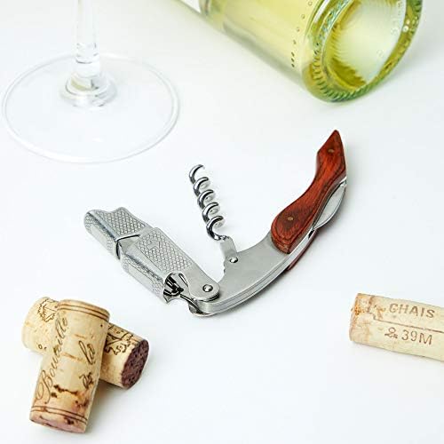 True Sommelier Waiters Corkscrew Wine Opener with Built-in Bottle Opener and Sharp Foil Cutter, Stainless Steel with Wood Handle for Travel, Home Bar, Kitchen, Gifts for Wine Lovers, Set of 1