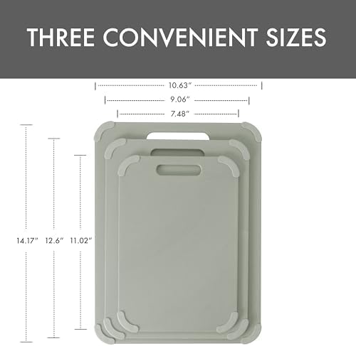 Dexas Fresh Prep 3-Pack Non-Slip Cutting Board Set – Dishwasher Safe Plastic Boards with Silicone Grip Corners & Handle, Sage (14.17" x 10.63", 12.6" x 9.06", 11.02" x 7.48")