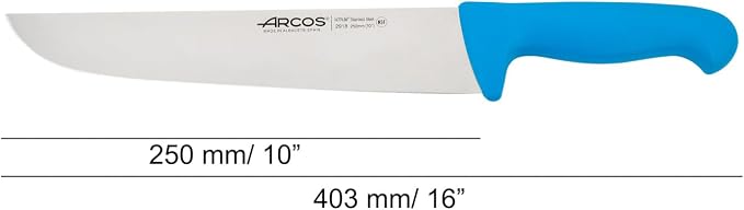 Arcos Butcher Knife 10 Inch Nitrum Stainless Steel and 250 mm blade. Professional Cooking Knife For Cutting Meat, Fish and Vegetables. Ergonomic Polyoxymethylene Handle. Series 2900. Color Blue