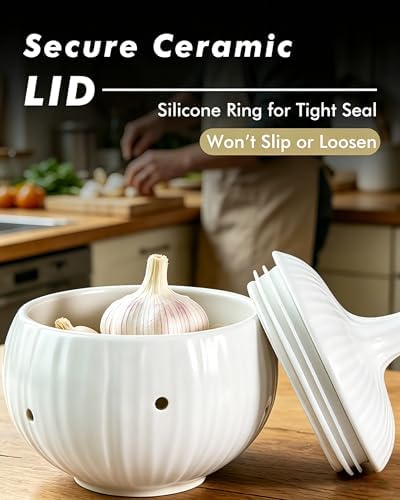 Ceramic Garlic Keeper, White Garlic Storage Jar with Vent Holes, Keeps Garlic Fresh Longer, Kitchen Counter Organizer