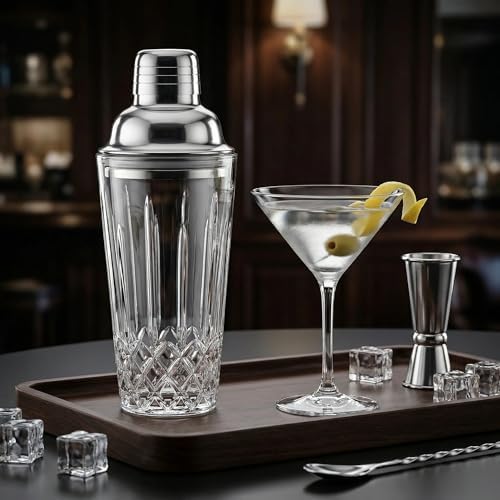 Cut Crystal Glass Cocktail Shaker - 15oz Lead-Free Crystal Shaker with Steel Strainer Lid - Premium Barware for Home Bartenders - Ideal for Mocktail, Espresso, Margarita, Martini Cocktails