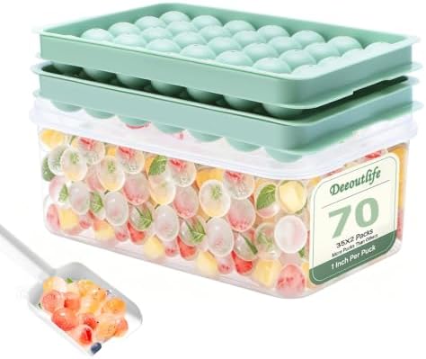 Round Ice Cube Trays with Lid and Bin, 70 Sphere Ice Ball Maker for Freezer, 1 Inch Small Ice Mold, Stackable BPA Free Ice Tray for Whiskey, Cocktails, Iced Coffee, Juice and Mixed Drinks
