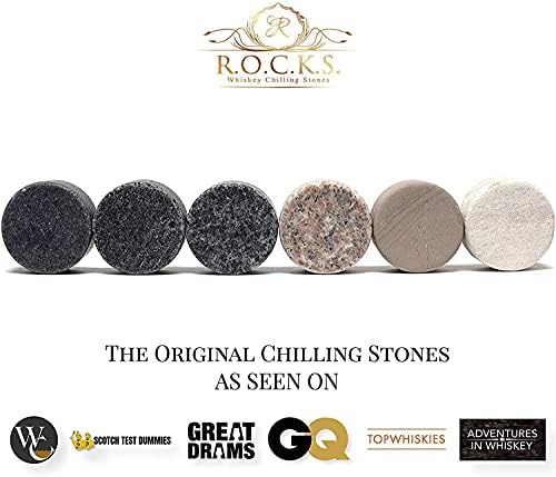 Whiskey Stones & Old Fashioned Cocktail Glass Gift Set - 6 Handcrafted Granite Round Chilling Rocks - Crystal Reserve Whiskey Glasses (10oz) - Hardwood Presentation Tray - Gold Foil Box