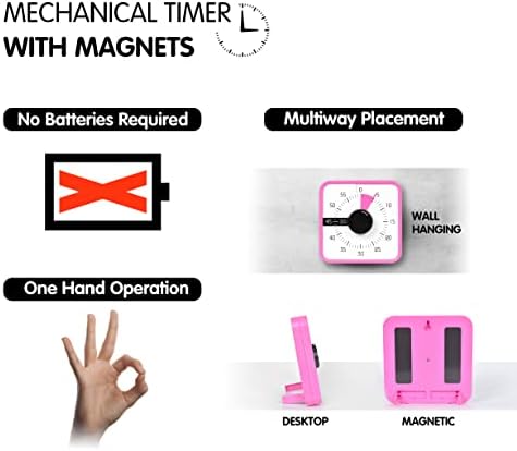 TWENTY5 SEVEN Countdown Timer 7.5 inch; 60 Minute 1 Hour Visual Timer – Classroom Teaching Tool Office Meeting, Mechanical Countdown Clock for Kids Exam Time Management Magnetic, Pink
