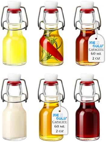 ICE N COLD Glass Swing Top Bottles | Flip Top Glass Bottles for Limoncello, Syrups, Oils, Vinegar, Extracts & Beverages | Airtight Reusable Glass Bottles (6-Pack, MINI (60ml | 2oz))