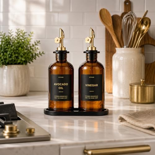 Olive Oil Dispenser for Kitchen, 2-Pack 12oz Glass Bottle with Gold Labels
