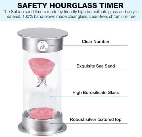 SuLiao 10 Minute Hourglass Timer Sand Clock, Unbreakable Pink Sand Watch 10 Min, Colorful Plastic Hour Glass Sandglass for Kids, Games, Decor, Classroom, Kitchen, Toothbrush Timer