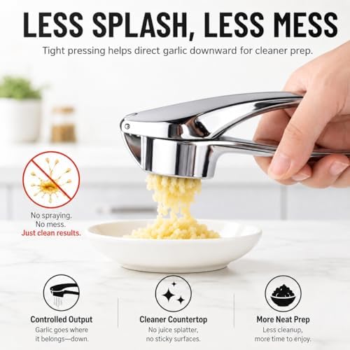 Garlic Press with Cleaning Brush, Zinc Alloy Garlic Mincer, Easy-Squeeze Garlic Crusher with Non-Slip TPR Handle, Mirror Polished Kitchen Tool for Fine Minced Garlic, Garlic Smasher for Daily Cooking