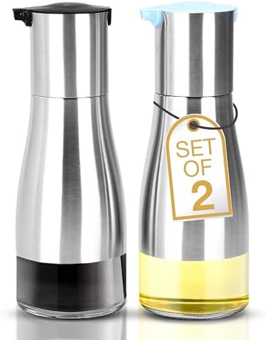 2LB Depot Oil and Vinegar Dispenser Set - Brushed Steel & Glass Containers with Anti-Drip Spout Lid - Easy-Clean - Olive Oil Dispenser Bottle - Minimalist Kitchen Accessory - 7.1"H x 2.7"L x 2.7"W