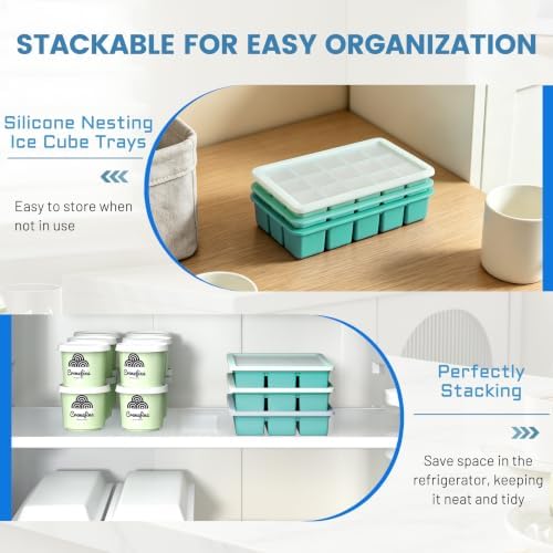 Ice Cube Tray with Lid, 3 Pack 45 Cubes Silicone Stackable Ice Cube Trays for Freezer with Removable Lids, Easy Release & BPA Free Molds for Whiskey, Cocktail, Coffee, Green Matte