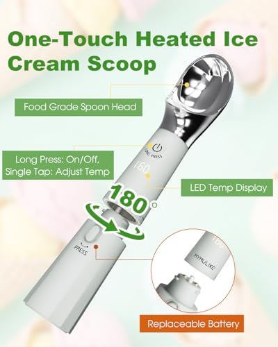 MYMULIKE Heated Ice Cream Scoop, Icecream Scoop Rechargeable with 3 Temp Settings (120-160°F), IP67 Waterproof, 3oz Larger Ice Cream Scooper for Hard Gelato & Cookie Dough