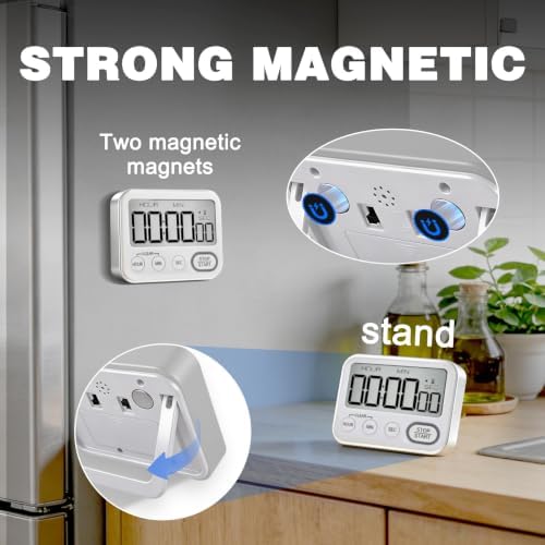Digital Kitchen Timer Magnetic Loud Alarm, Large LCD Screen Silent/Beeping Multi-Function for Teachers Classroom Kids, Silver