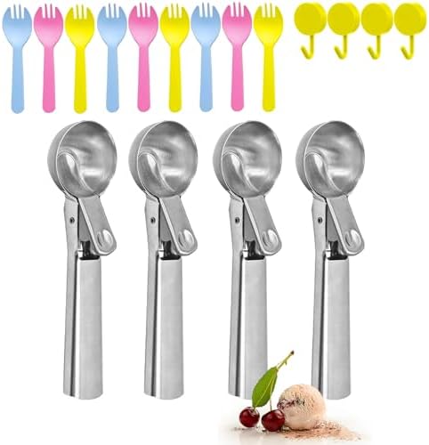 4pcs Ice cream scoop, a portable stainless steel ice cream scoop with trigger device and comfortable handle, suitable for mixed ice cream, fruits, frozen yogurt, etc Large (4pcs Large silvery)