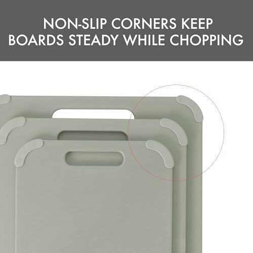 Dexas Fresh Prep 3-Pack Non-Slip Cutting Board Set – Dishwasher Safe Plastic Boards with Silicone Grip Corners & Handle, Sage (14.17" x 10.63", 12.6" x 9.06", 11.02" x 7.48")