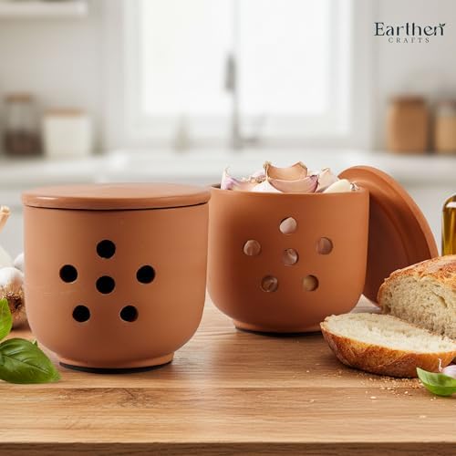 EARTHEN CRAFTS Terracotta Garlic Keeper with Lid 4.5" Handmade Clay Storage Jar with Vent Holes for Kitchen Countertop, Breathable Rustic Garlic Crock for Fresh Cloves