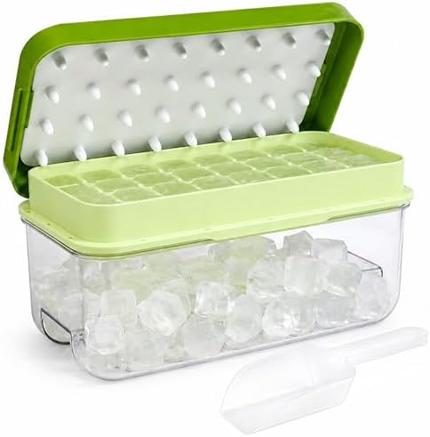 Ice Cube Tray with Lid and Bin - 32-Cube BPA-Free Silicone Ice Mold Set - Easy Press-Release, Compact Single-Layer Design, No-Spill, Odor-Resistant, Ice Scoop Included - Perfect for Freezers, RVs