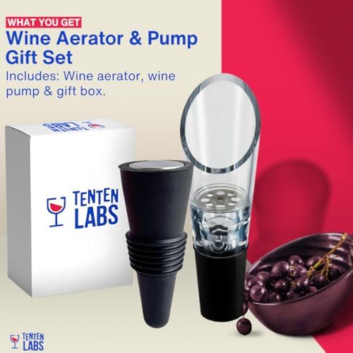 TenTen Labs Wine Aerator Pourer & Wine Stopper (2-Pack), Leakproof, Black