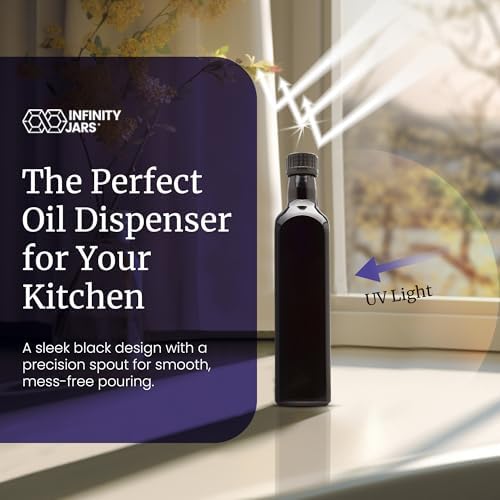 Infinity Jars Black Ultraviolet Square Glass Oil Bottle 500Ml(17 fl oz)w/Plastic Pour Spout, Airtight Round Easy Refill Vinegar Cruet Cooking Oil Dispenser Bottle, Olive Oil Bottle for Kitchen 10-Pack