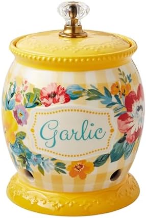 Garlic Keeper Ceramic with Lid Ventilated Floral Yellow for Kitchen