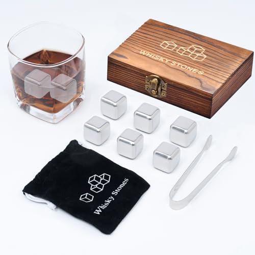 Whiskey Stones, Whiskey Stone Gift Set, 6 Stainless Steel Cubes, Burbon Gifts Cool Presents for Men Dad Husband Boyfriend, Unique Anniversary Birthday Wedding Gift Ideas - by Angde