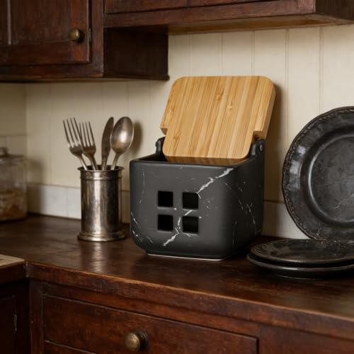 RQYIXI Ceramic Garlic Keeper with Bamboo Lid, Ventilated,Marble Black