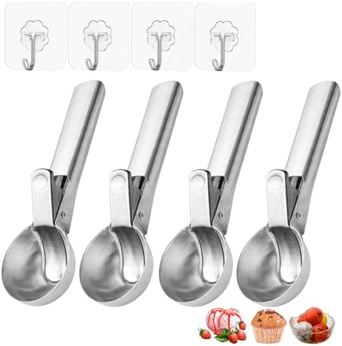 Ice Cream Scoop,Portable Stainless Steel Ice Cream Scoop with Trigger and Comfortable Handle,Dishwasher Safe,DIY Ice Cream,Gelato,Sorbet,Cake Batter (4p-silver)
