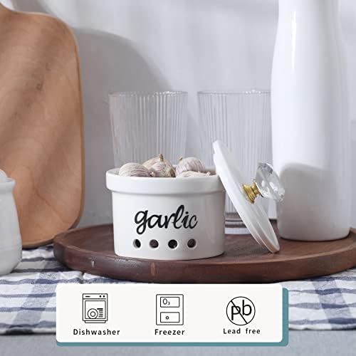 Garlic Keeper with Crystal Lid, 12.5 oz Ceramic Garlic Saver Container for Countertop, Farmhouse Kitchen Decor (Gold)