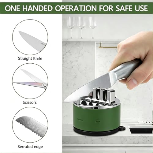 VIRO Compact Suction Kitchen Chef Knife Scissors Sharpener for Straight & Serrated Knives, 4-Stage Knife Sharpening Tool Helps Repair and Restore Blades (Olive Green)